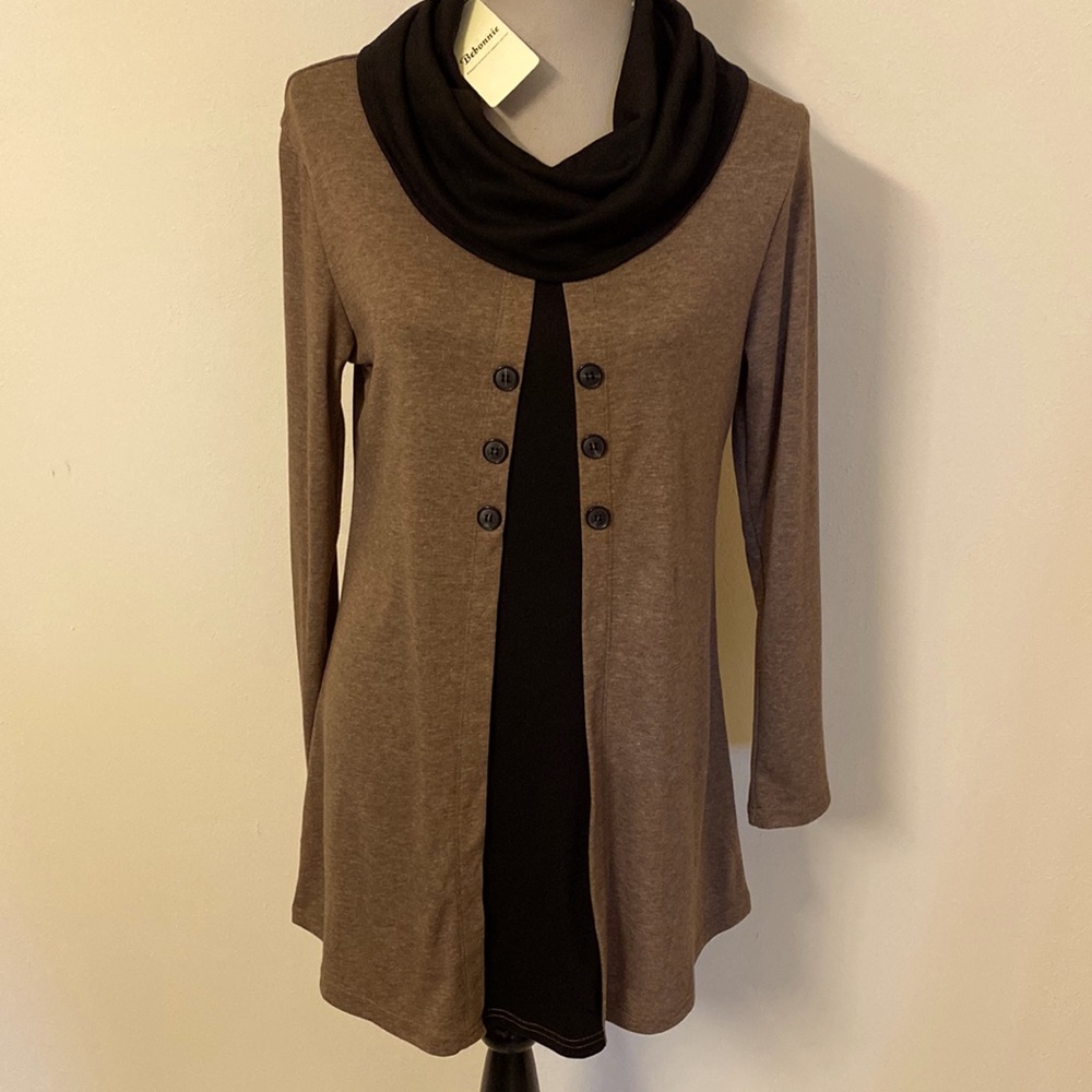 Bebonnie Women’s Long Sleeve Cowl Neck coffee Tunic Tops with Buttons nwt - Picture 2 of 11